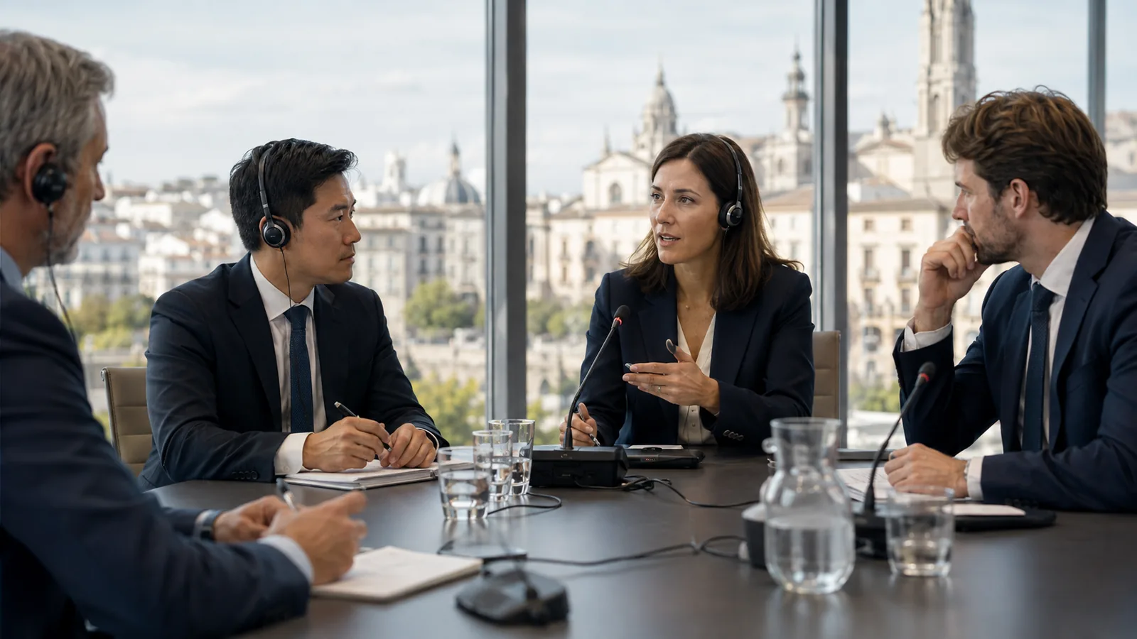 Reunión empresarial con intérprete de japonés y participantes españoles y japoneses